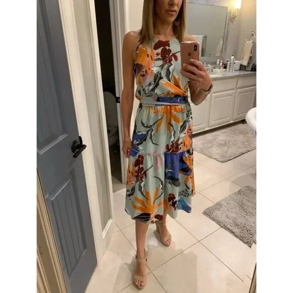 Slate & Willow Geometric Tiered Boho Whimsy Retro A-Line Dress Sage Green US 2 - Picture 3 of 16